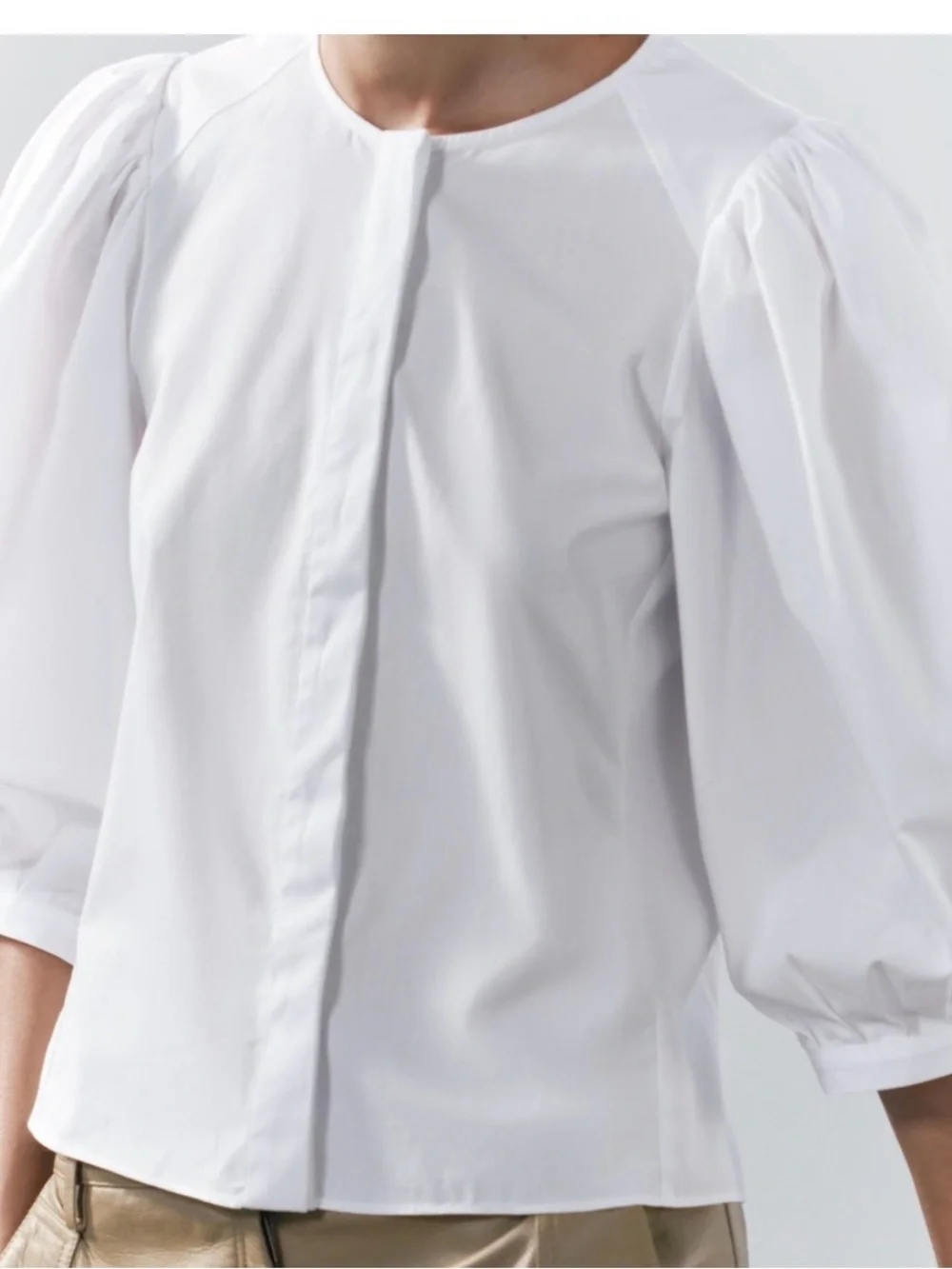 Zara White Puff-Sleeve Round-Neck Blouse